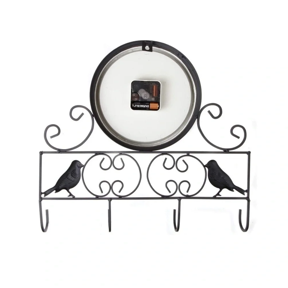 LILYS HOME Sparrow Bird Wall Clock Key Holder  Hook Rack Combo Black Iron
